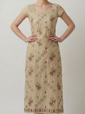 Embroidered Indian Kurti Tunic Dress Cream Beige Floral Boho Kurta Womens No Tag